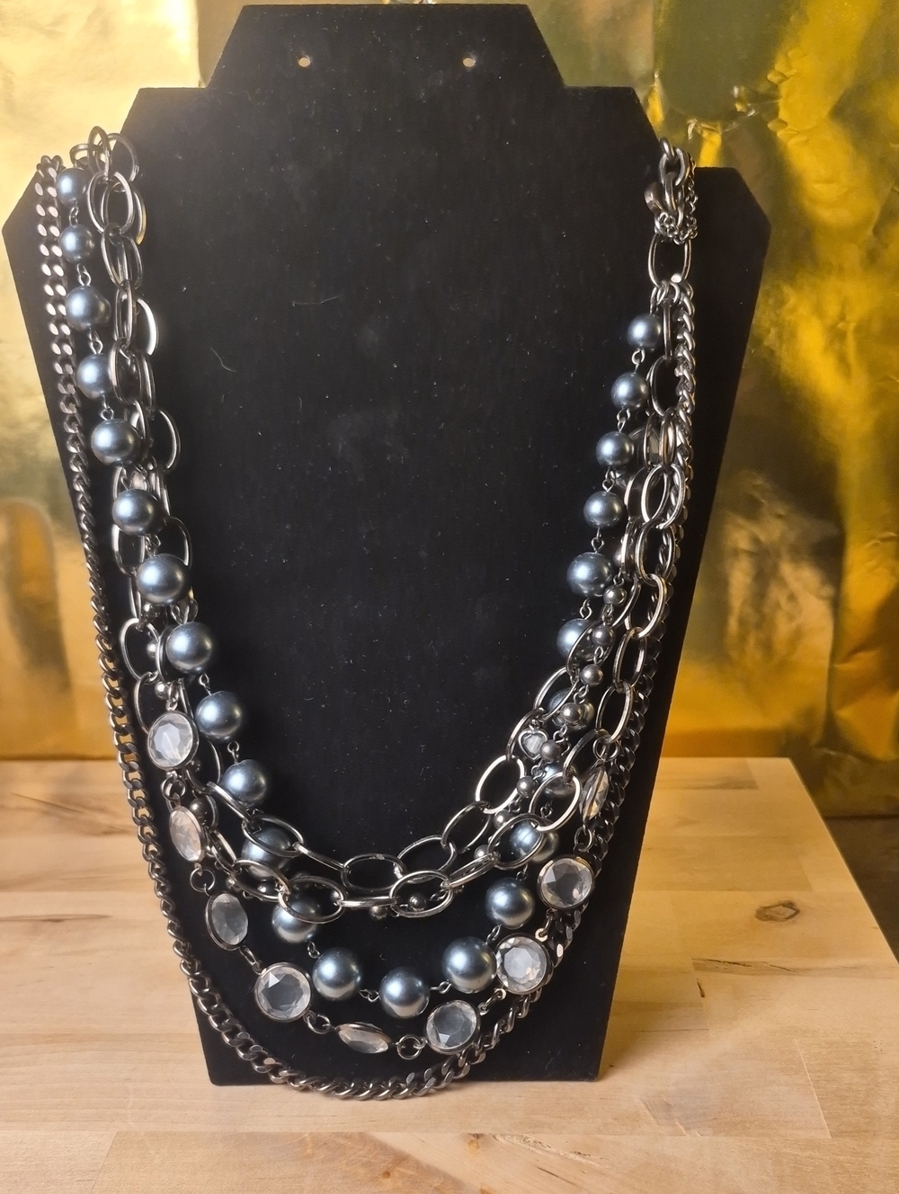 Multi-Strand Gunmetal Bead & Chain Statement Necklace